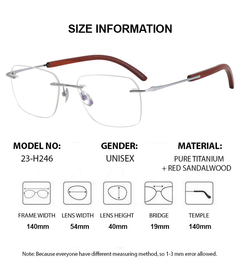 Summer Flower Unisex Rimless Square Titanium Wood Eyeglasses 84246 Rimless Summer Flower