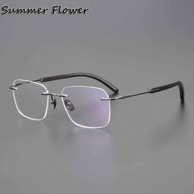 Summer Flower Unisex Rimless Square Titanium Wood Eyeglasses 84246