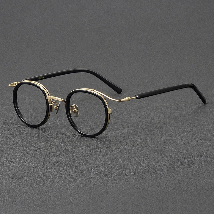 Black Mask Unisex Full Rim Round Titanium Acetate Eyeglasses H2526 Full Rim Black Mask Black-Gold  