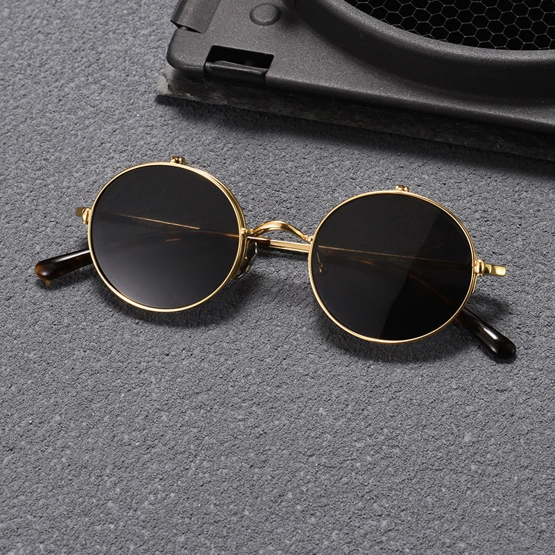 Black Mask Unisex Semi Rim Round Titanium Flip Up Polarized Sunglasses Eyeglasses K54 Sunglasses Black Mask Golden  