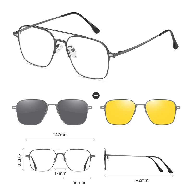 Hdcrafter Women's Full Rim Square Double Bridge Titanium Tr 90 Eyeglasses Clip On Sunglasses 414819