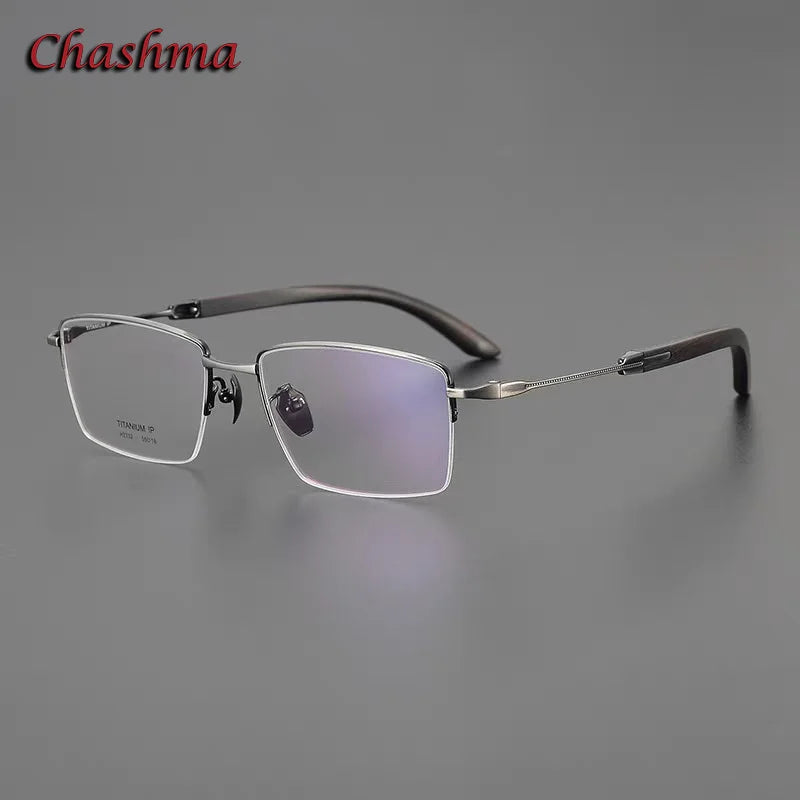 Chashma Ochki Unisex Semi Rim Square Titanium Wood Eyeglasses 312332