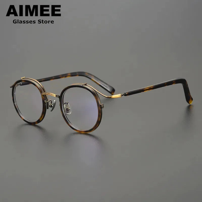 Aimee Men's Full Rim Round Square Titanium Acetate Eyeglasses 12203 Full Rim Aimee Tortoise-Bronze  