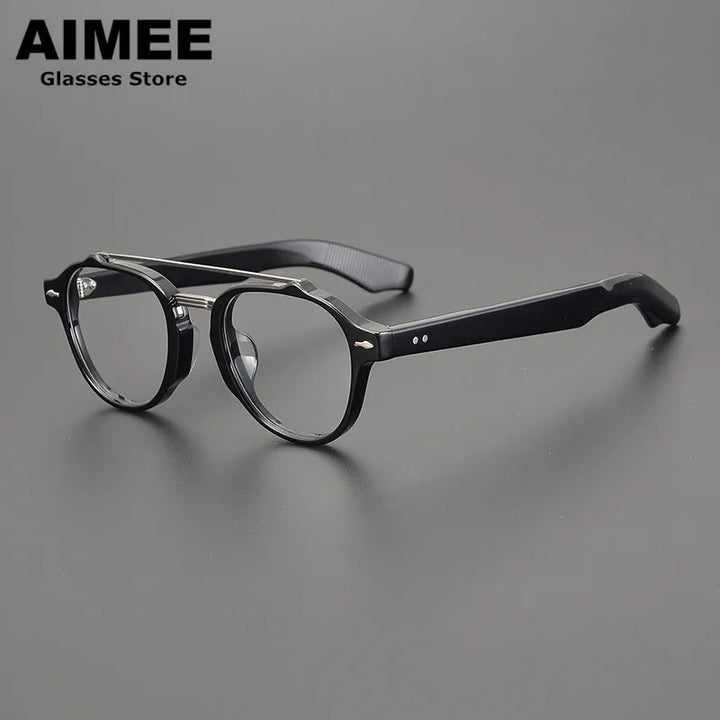 Aimee Unisex Full Rim Round Double Bridge Acetate Titanium Eyeglasses 6818 Full Rim Aimee Black  