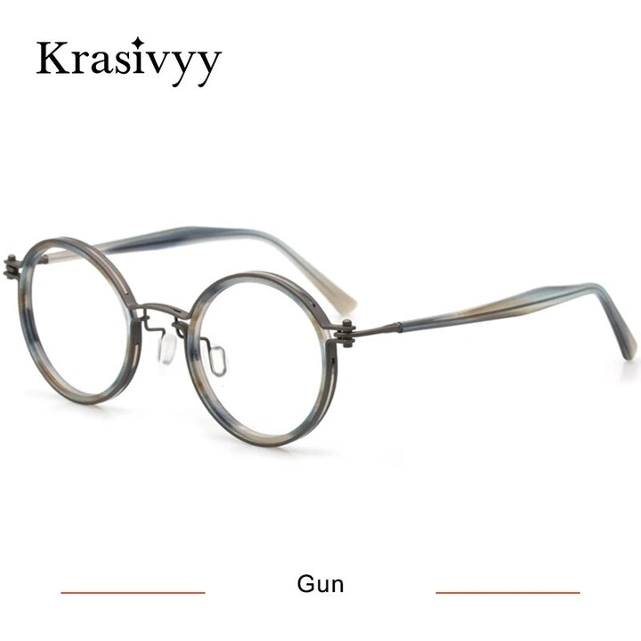 Krasivyy Unisex Full Rim Round Acetate Titanium Eyeglasses Kr5862 Full Rim Krasivyy Gun  