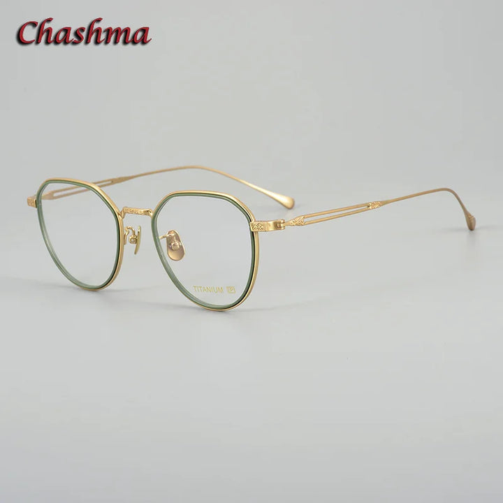 Chashma Ochki Unisex Full Rim Flat Top Round Titanium Eyeglasses 079 Full Rim Chashma Ochki Gold Green  