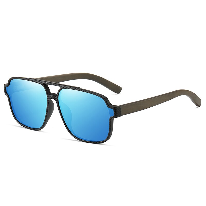 Hdcrafter Men's Full Rim Square Double Bridge Tac Bamboo Wood Polarized Sunglasses 61624 Sunglasses HdCrafter Sunglasses Black-Blue Other 