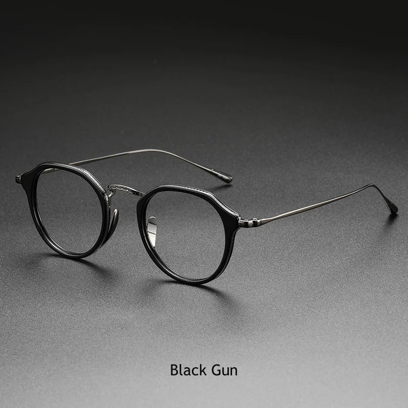 KatKani Women's Full Rim Flat Top Round Titanium Acetate Eyeglasses 1113 Full Rim KatKani Eyeglasses Black Gun  