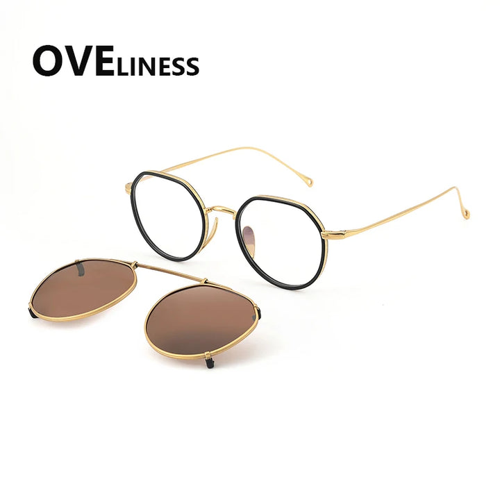 Oveliness Women's Full Rim Polygon Titanium Eyeglasses Clip On Sunglasses 77311