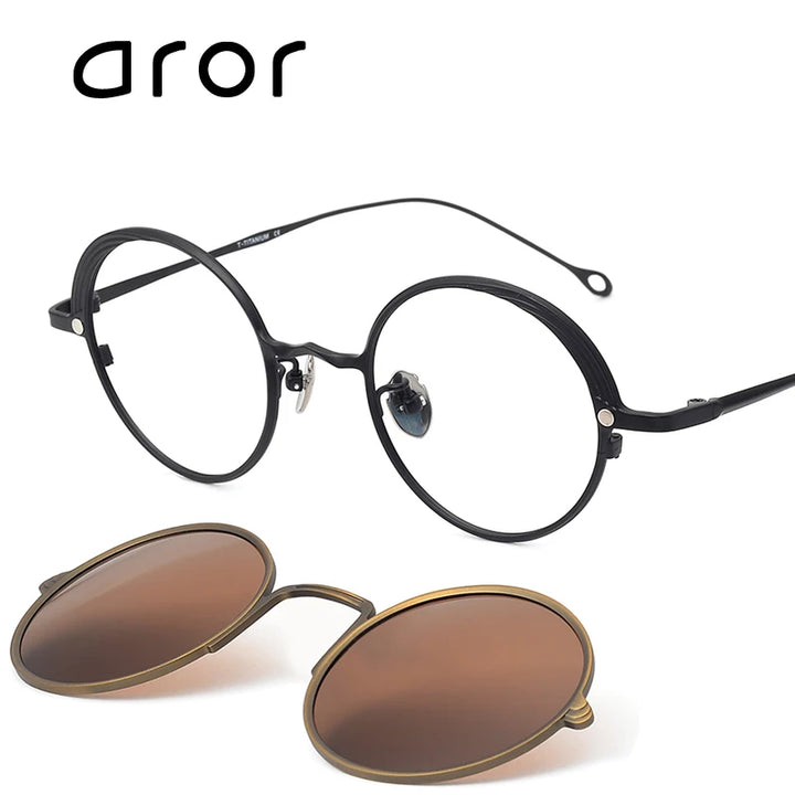 Aror Unisex Full Rim Round Titanium Eyeglasses Clip On Sunglasses 10084