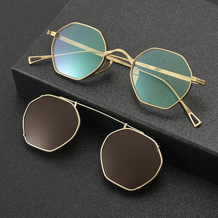 Black Mask Women's Full Rim Polygon Titanium Eyeglasses Clip On Sunglasses 634152