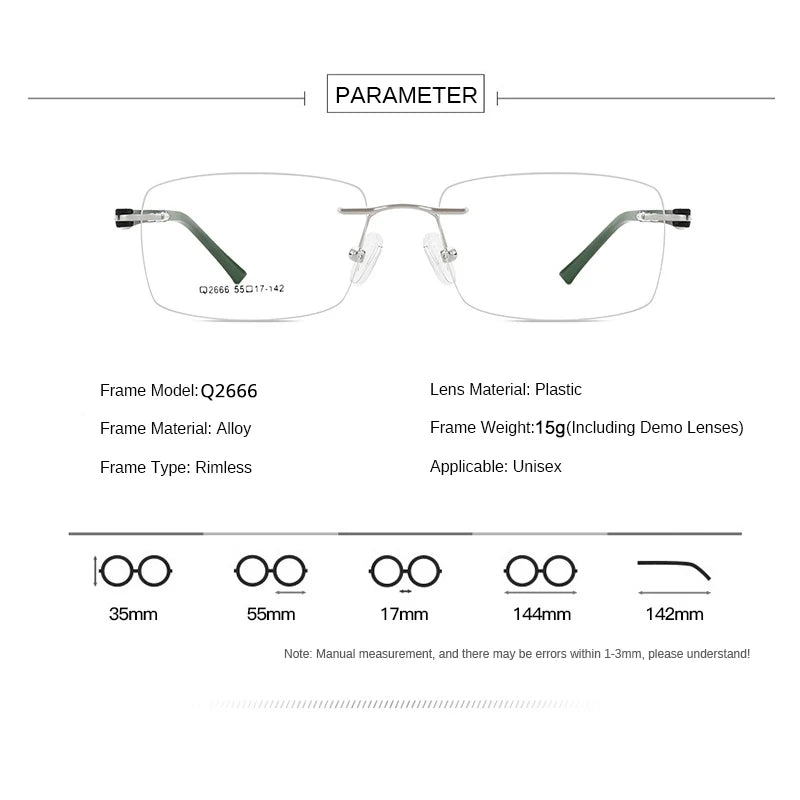 Hdcrafter Unisex Rimless Square Titanium Eyeglasses 82666 Rimless Hdcrafter Eyeglasses