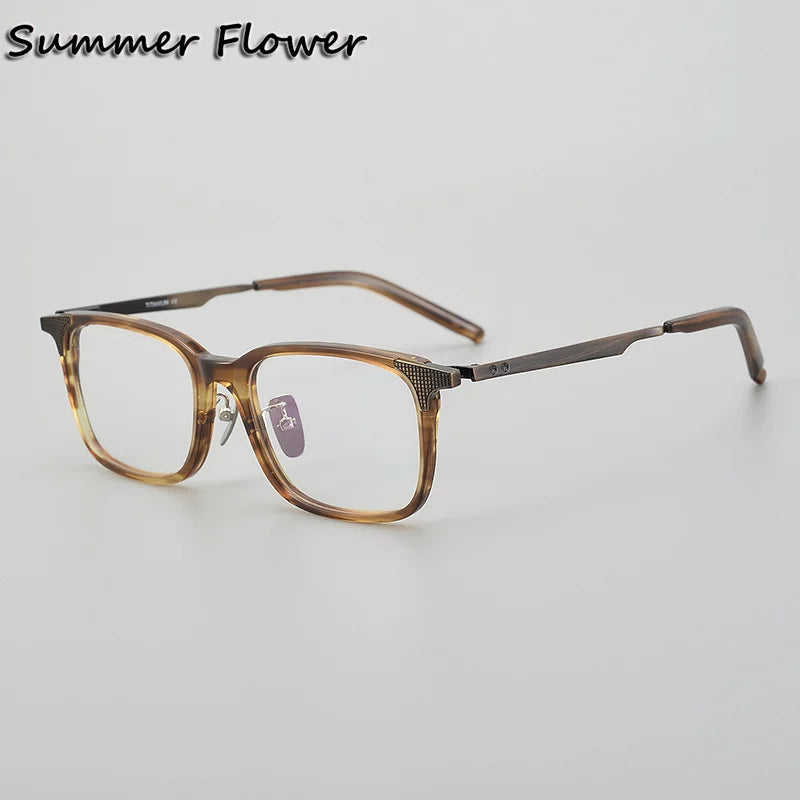 Summer Flower Men's Full Rim Square Acetate Titanium Eyeglasses 842090 Full Rim Summer Flower Leopard Bronze