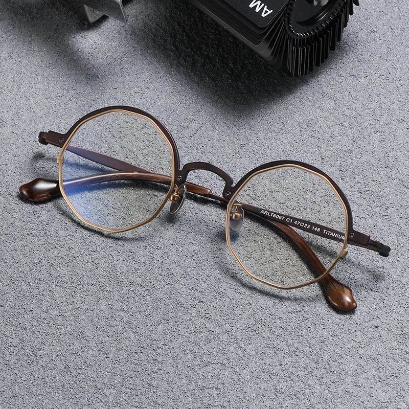 Black Mask Unisex Full Rim Irregular Round Titanium Eyeglasses T6067 Full Rim Black Mask Brown-Gold  