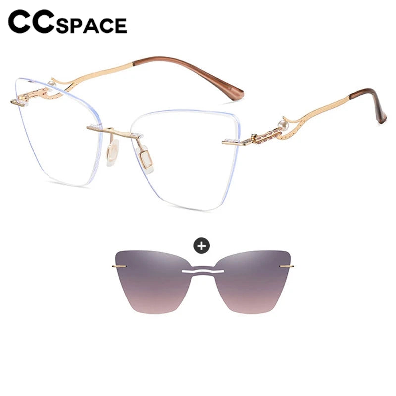 CCspace Women's Rimless Cat Eye Alloy Eyeglasses Clip On Sunglasses 302128 With Clip Ons CCspace   