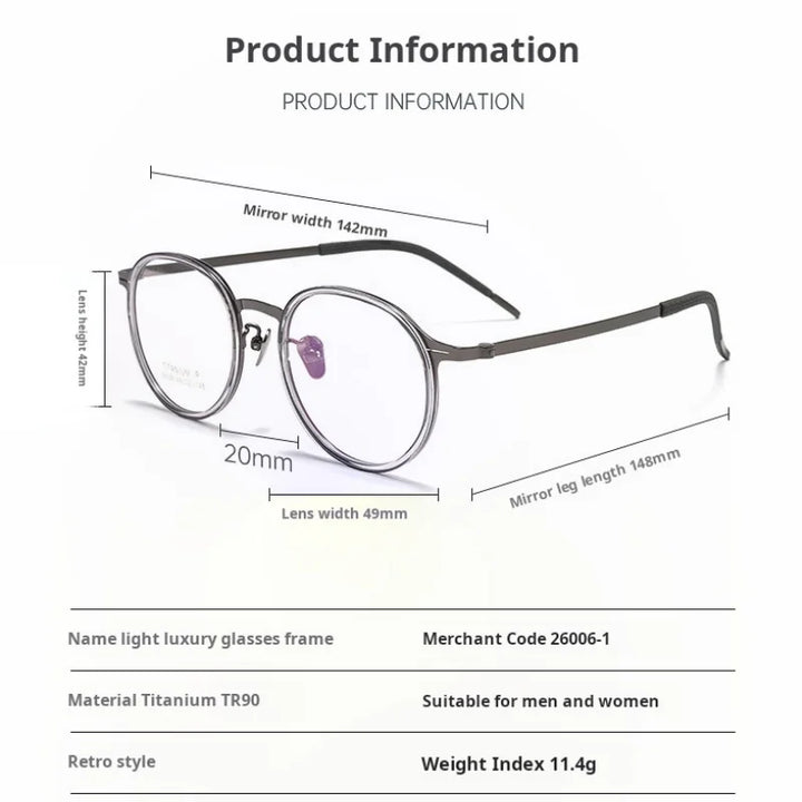 Momoja Unisex Full Rim Flat Top Round Titanium Tr 90 Eyeglasses 26061