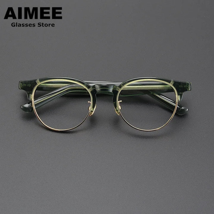 Aimee Unisex Full Rim Round Acetate Titanium Eyeglasses 9006 Full Rim Aimee Green-Golden  