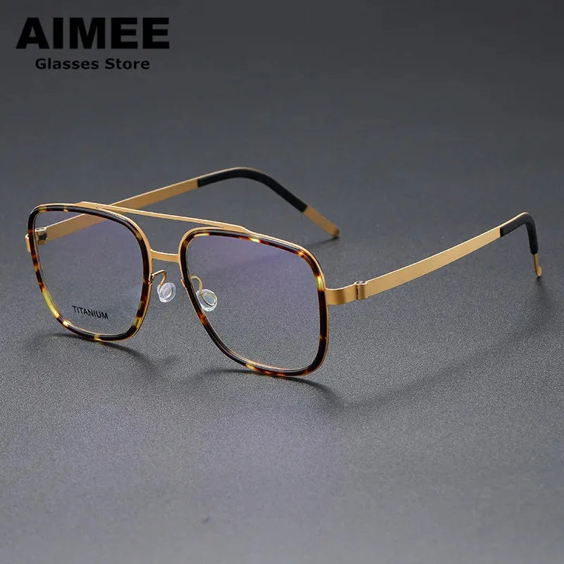 Aimee Unisex Full Rim Square Double Bridge Titanium Acetate Eyeglasses 9911 Full Rim Aimee Tortoise-Golden  