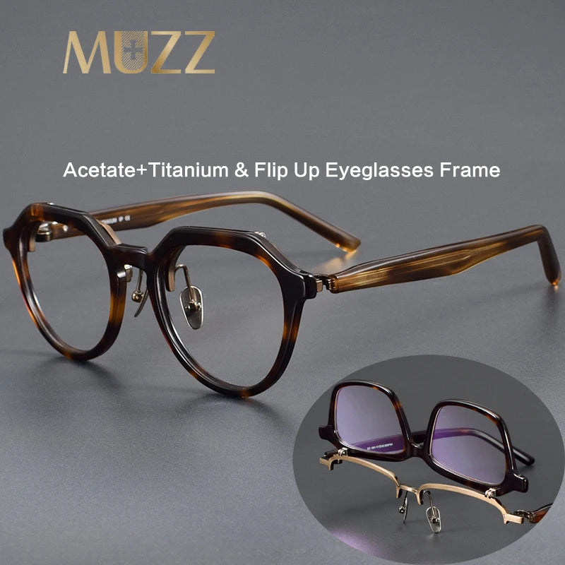 Muzz Unisex Full Rim Flat Top Oval Acetate Titanium Flip Up Eyeglasses 85257 Full Rim Muzz