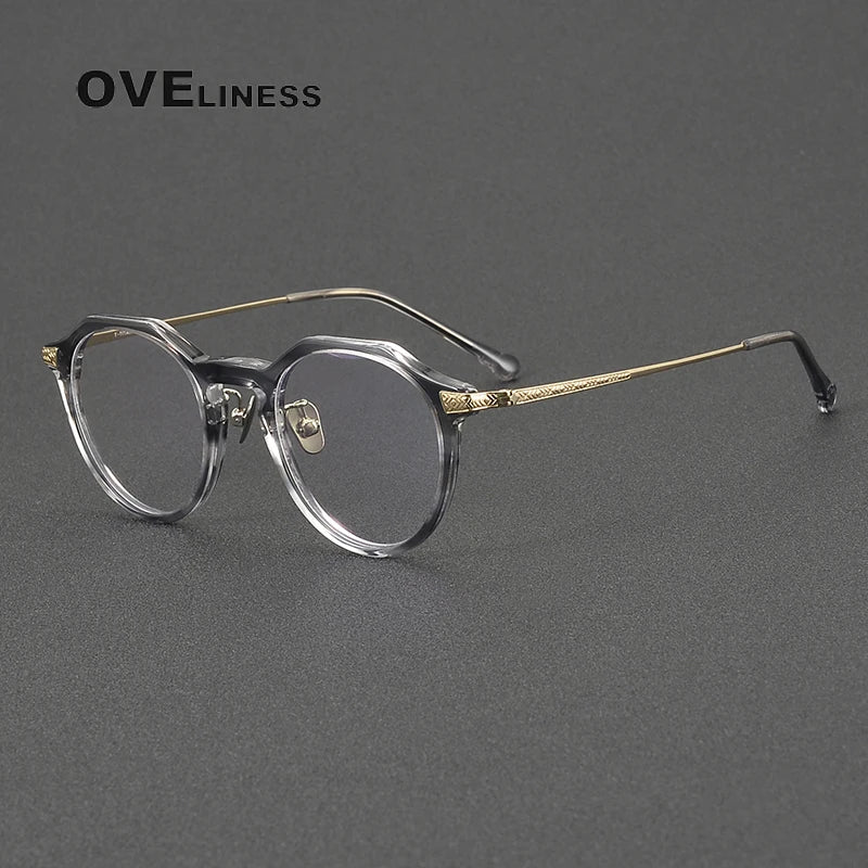 Oveliness Unisex Full Rim Flat Top Oval Acetate Titanium Eyeglasses 99402 Full Rim Oveliness grey gold