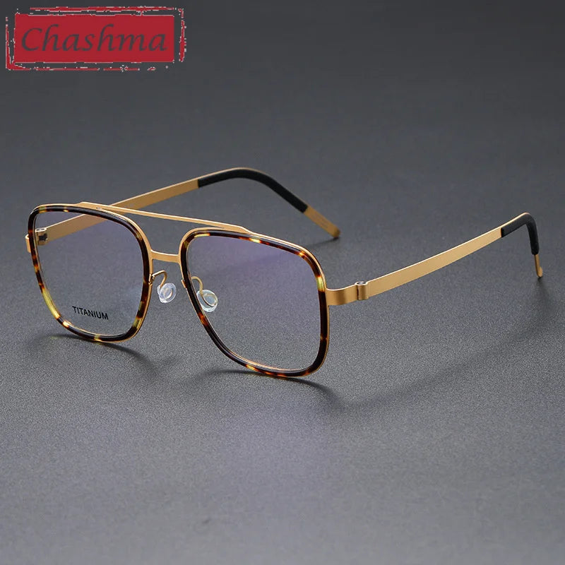 Chashma Ochki Unisex Full Rim Square Double Bridge Titanium Eyeglasses 49911 Full Rim Chashma Ochki Gold-Leopard  