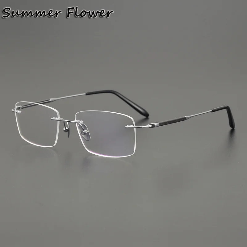 Summer Flower Unisex Rimless Square Titanium Sandalwood Eyeglasses 84287 Rimless Summer Flower Silver