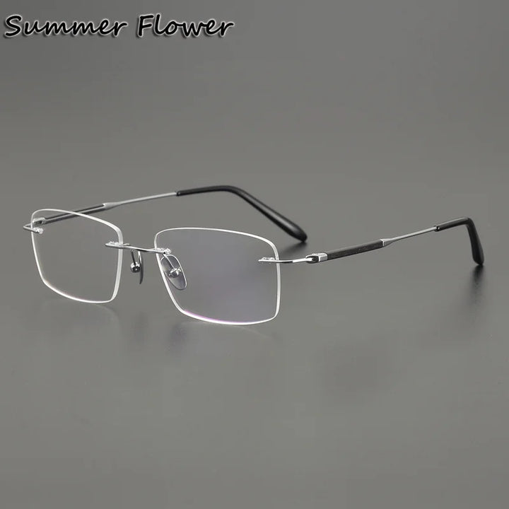 Summer Flower Unisex Rimless Square Titanium Sandalwood Eyeglasses 84287 Rimless Summer Flower Silver