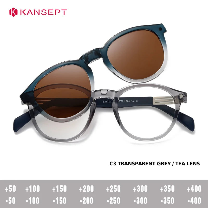 Kansept Unisex Full Rim Round Tr 90 Titanium Reading Glasses Clip On Sunglasses 33103