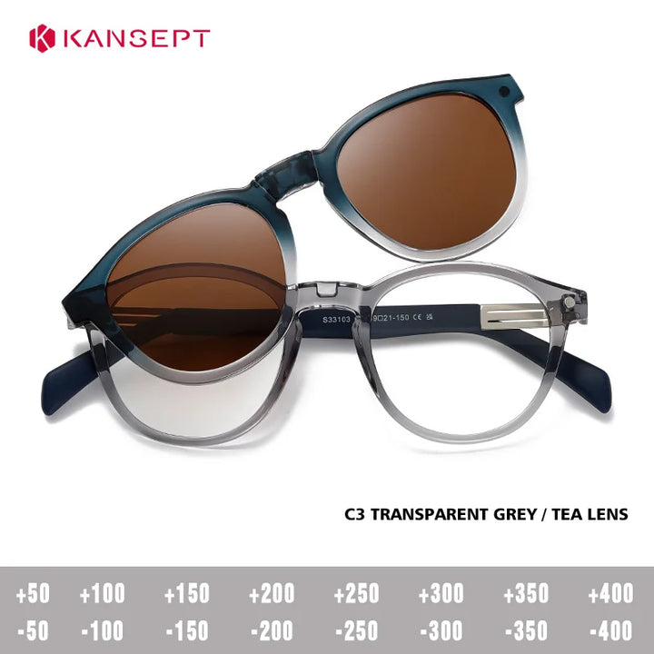 Kansept Unisex Full Rim Round Tr 90 Titanium Reading Glasses Clip On Sunglasses 33103