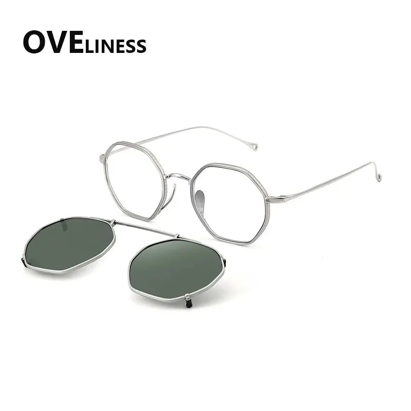 Oveliness Women's Full Rim Flat Top Round Titanium Eyeglasses Clip On Sunglasses 77310.