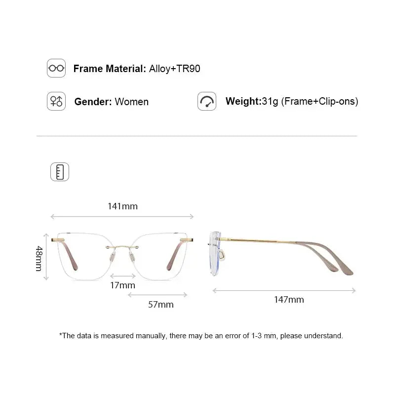 Gmei 710529 Women's Rimless Cat Eye Alloy Frames Clip On Sunglasses FuzWeb