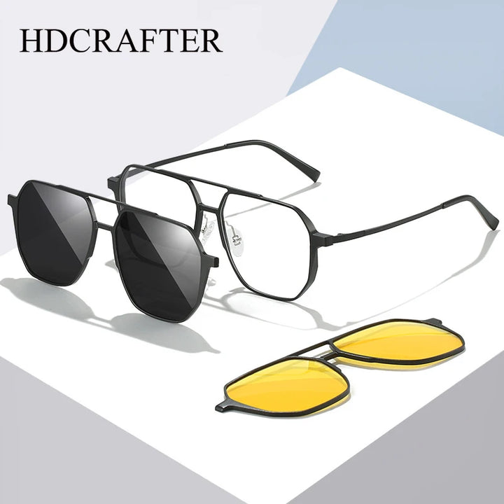 Hdcrafter Men's Full Rim Square Double Bridge Titanium Eyeglasses Clip On Sunglasses 275009