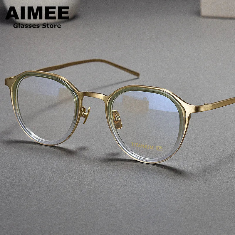 Aimee Unisex Full Rim Flat Top Oval Titanium Acetate Eyeglasses 10628 Full Rim Aimee Golden-Green  