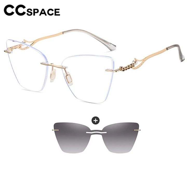 CCspace Women's Rimless Cat Eye Alloy Eyeglasses Clip On Sunglasses 302128 With Clip Ons CCspace   