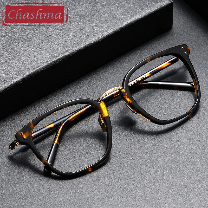 Chashma Ochki Unisex Full Rim Square Acetate Titanium Eyeglasses 82044