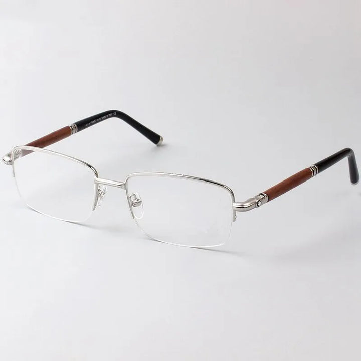 Chashma Ochki Unisex Semi Rim Square Titanium Wood Eyeglasses 84534 Semi Rim Chashma Ochki Silver  