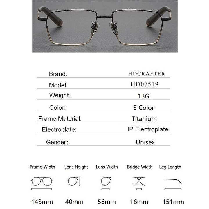 Hdcrafter Men's Full Rim Square Titanium Eyeglasses Hd07519 Full Rim Hdcrafter Eyeglasses   