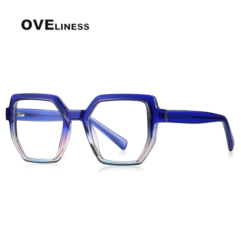 Oveliness Unisex Full Rim Flat Top Polygon Tr 90 Titanium Eyeglasses 2143 Full Rim Oveliness C5 blue pink  