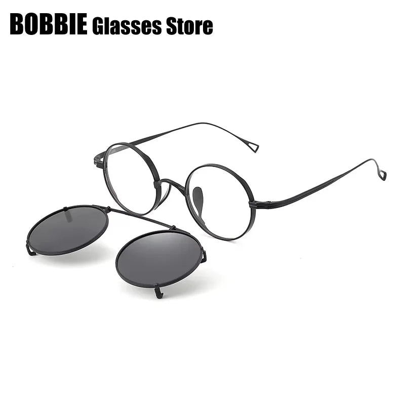 Bobbie Women's Full Rim Round Titanium Eyeglasses Clip On Sunglasses 612994