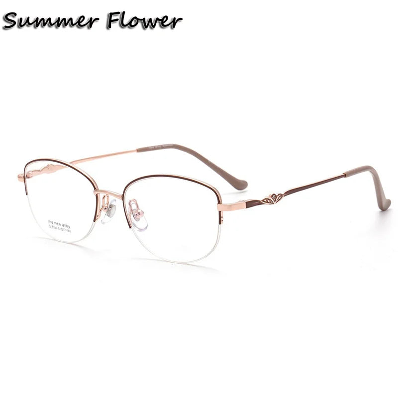 Summer Flower Women's Semi Rim Oval Square Alloy Eyeglasses 85330 Semi Rim Summer Flower Brown-Rose Gold