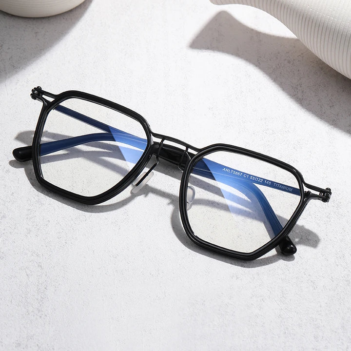 Black Mask Men's Full Rim Polygon Titanium Acetate Eyeglasses 458671