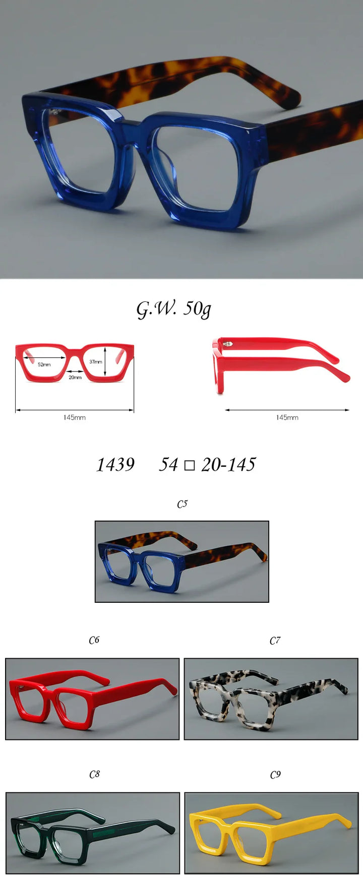 CCspace Women's Full Rim Brow Line Square Acetate Reading Glasses 311022
