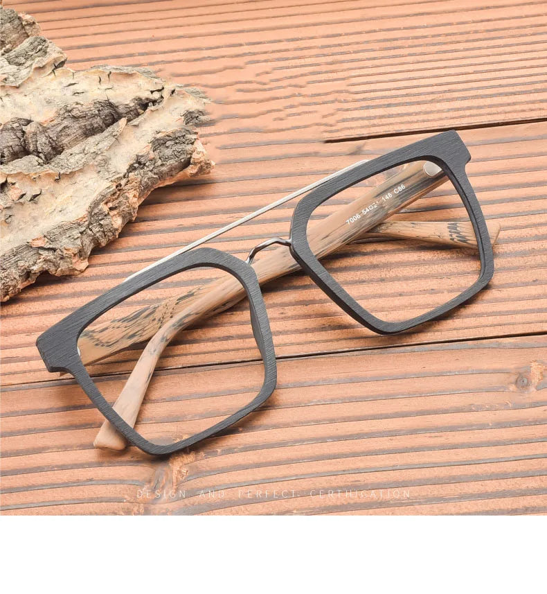 Hdcrafter Men's Full Rim Square Double Bridge Wood Titanium Eyeglasses 7006