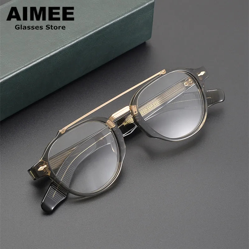 Aimee Unisex Full Rim Round Double Bridge Acetate Titanium Eyeglasses 6818 Full Rim Aimee   