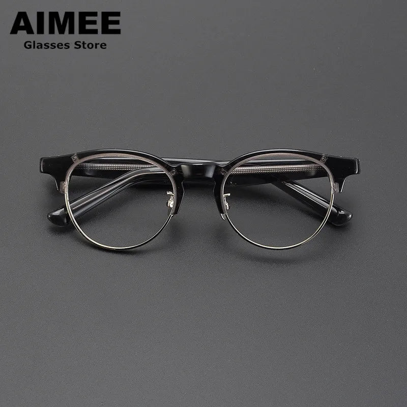 Aimee Unisex Full Rim Round Acetate Titanium Eyeglasses 9006 Full Rim Aimee Grey-Silver  