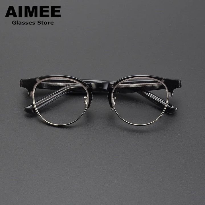 Aimee Unisex Full Rim Round Acetate Titanium Eyeglasses 9006 Full Rim Aimee Grey-Silver  