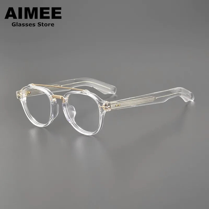 Aimee Unisex Full Rim Round Double Bridge Acetate Titanium Eyeglasses 6818 Full Rim Aimee Transparent  