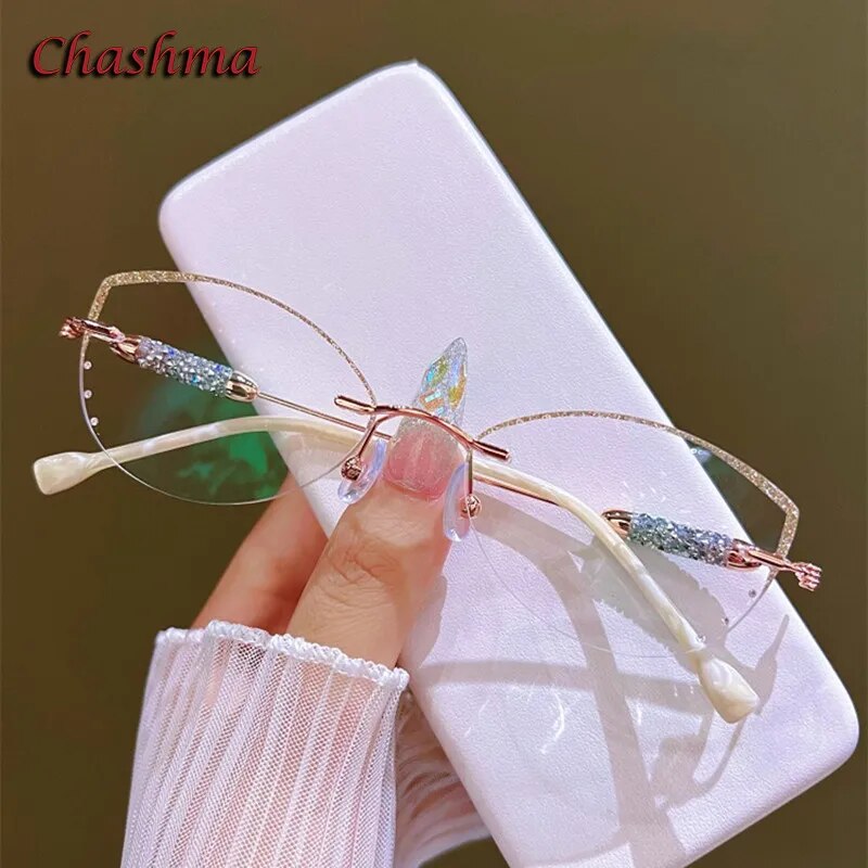 Chashma Ochki Women's Rimless Cat Eye Titanium Glitter Edge Eyeglasses H1 Rimless Chashma Ochki   