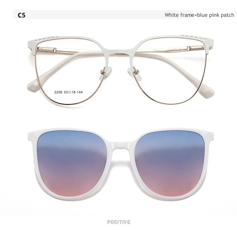 KatKani Womens Full Rim Cat Eye Alloy  Eyeglasses With Clip On Sunglasses 2258 Clip On Sunglasses KatKani Eyeglasses White frame  