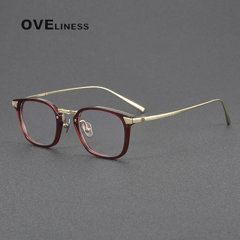 Oveliness Women's Full Rim Square Acetate Titanium Eyeglasses 3023 Full Rim Oveliness red gold  